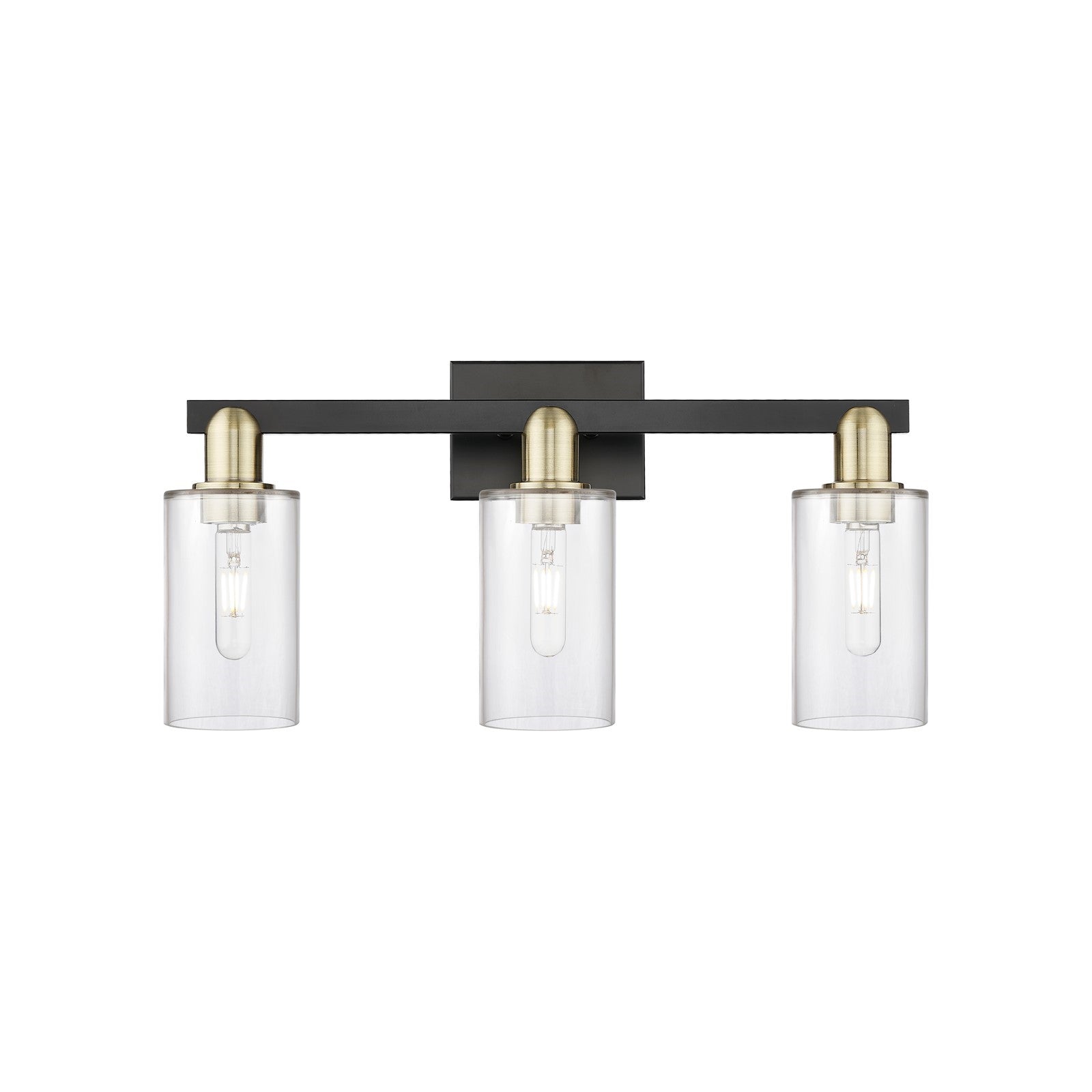 Innovations Clymer 23in 3-Light Bath Vanity | Industrial Black Antique Brass and Clear Glass | Bathroom Vanity Light | 22.88 x | Model 716-3W-BAB-G802