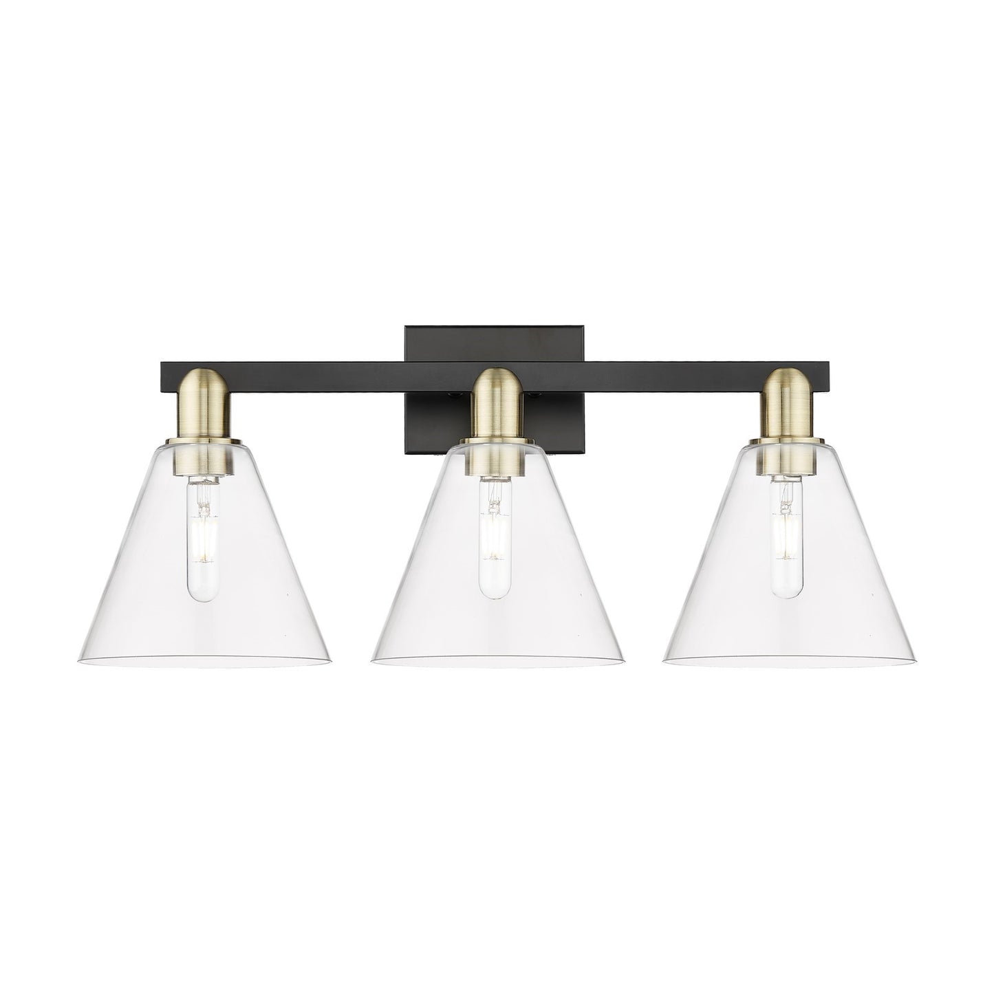 Innovations Berkshire Glass 26in 3-Light Bath Vanity | Industrial Black Antique Brass and Clear Glass | Bathroom Vanity Light | Model 716-3W-BAB-GBC-82