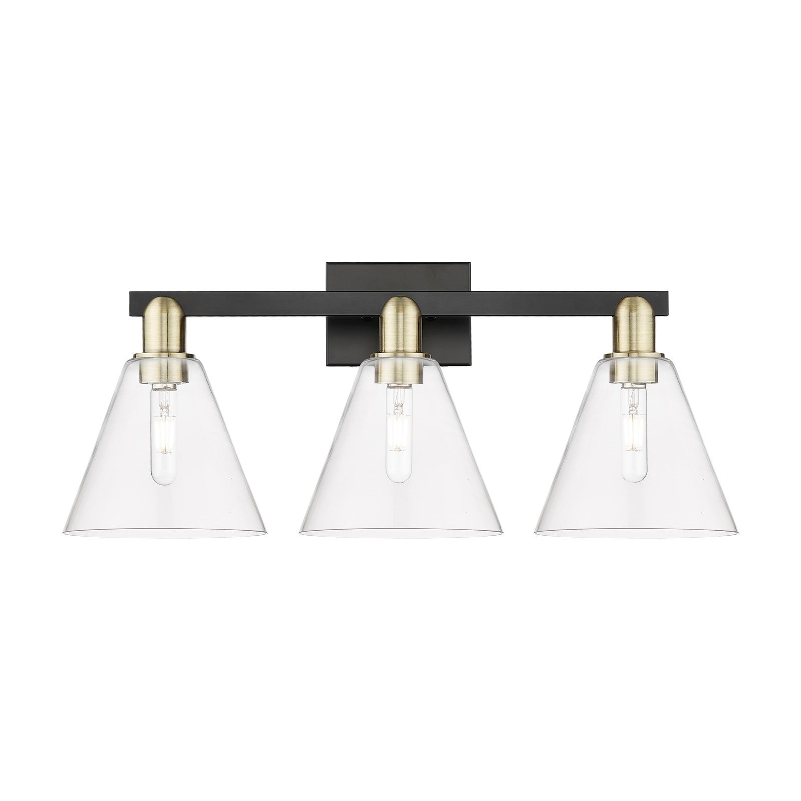 Innovations Berkshire Glass 26in 3-Light Bath Vanity | Industrial Black Antique Brass and Clear Glass | Bathroom Vanity Light | Model 716-3W-BAB-GBC-82