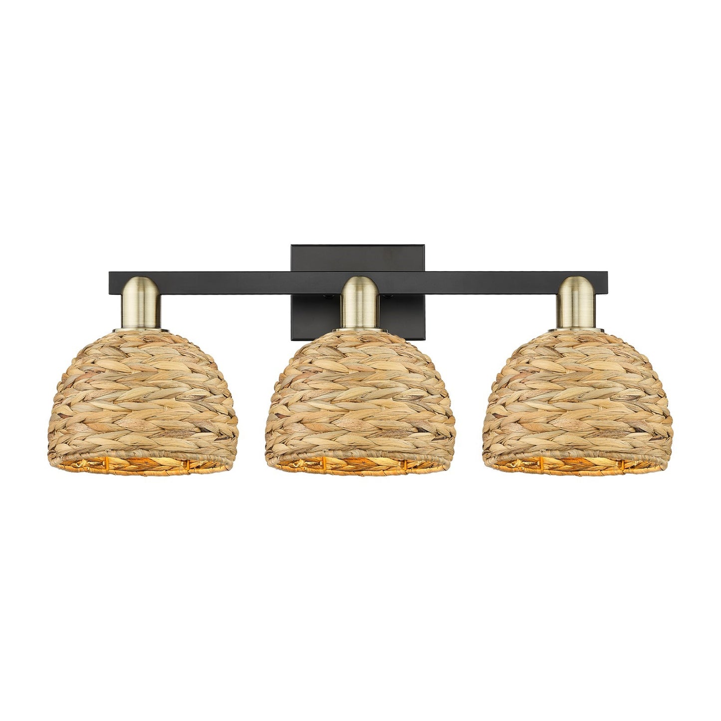 Innovations Woven Rattan 27in 3-Light Bath Vanity Light | Industrial Black Antique Brass and Natural Fiber | Kitchen & | Model 716-3W-BAB-RBD-8-NAT