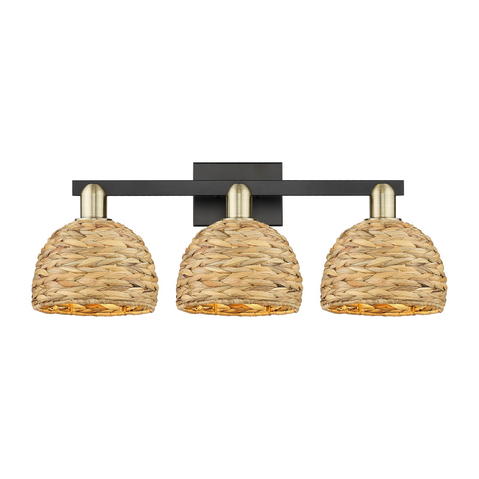 Innovations Woven Rattan 27in 3-Light Bath Vanity Light | Industrial Black Antique Brass and Natural Fiber | Kitchen & | Model 716-3W-BAB-RBD-8-NAT