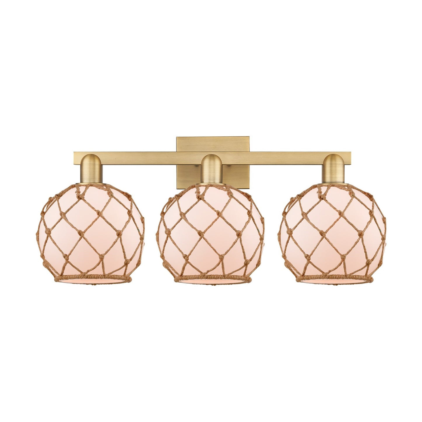 Innovations Farmhouse Rope 27in 3-Light Bath Vanity | Industrial Brushed Brass Steel and White Frosted Glass with Brown Rope | Model 716-3W-BB-G121-8RB
