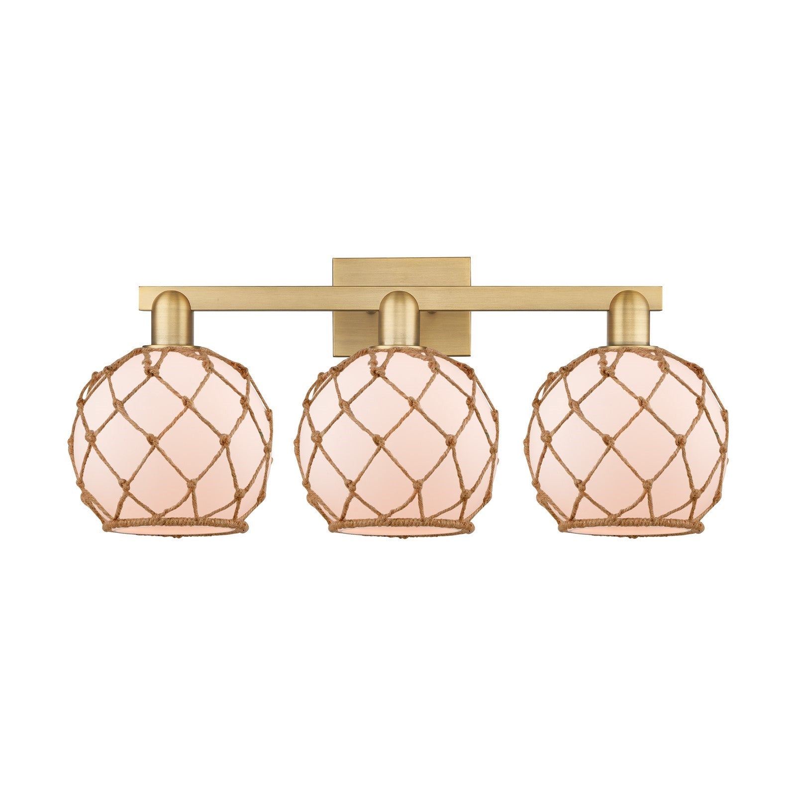 Innovations Farmhouse Rope 27in 3-Light Bath Vanity | Industrial Brushed Brass Steel and White Frosted Glass with Brown Rope | Model 716-3W-BB-G121-8RB
