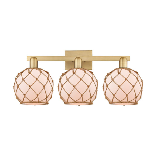 Innovations Farmhouse Rope 27in 3-Light Bath Vanity | Industrial Brushed Brass Steel and White Frosted Glass with Brown Rope | Model 716-3W-BB-G121-8RB
