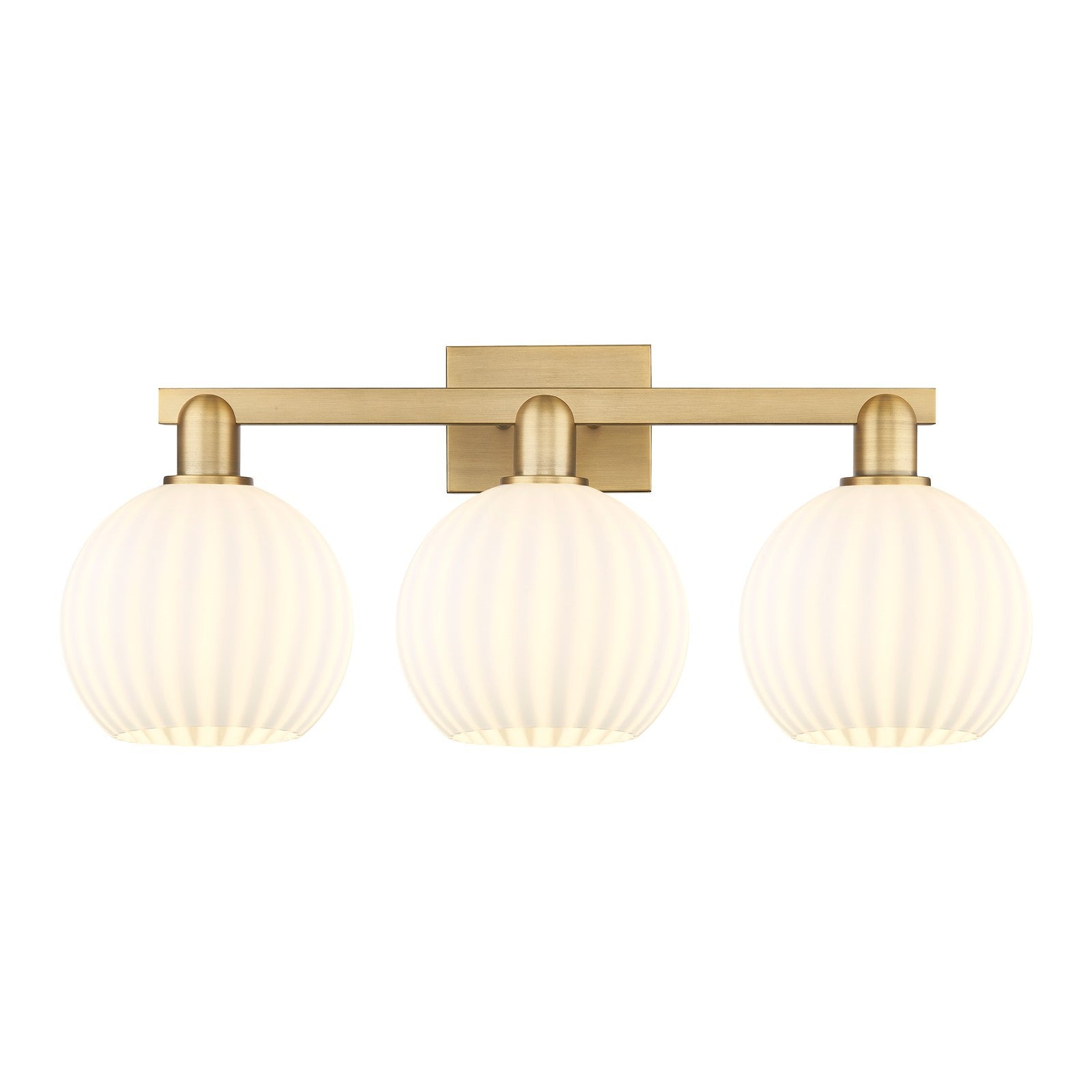 Innovations Lighting Arcadia 27in 3-Light Bath Vanity Light | Industrial Brushed Brass and White Venetian Glass | Bathroom | Model 716-3W-BB-G1217-8WV