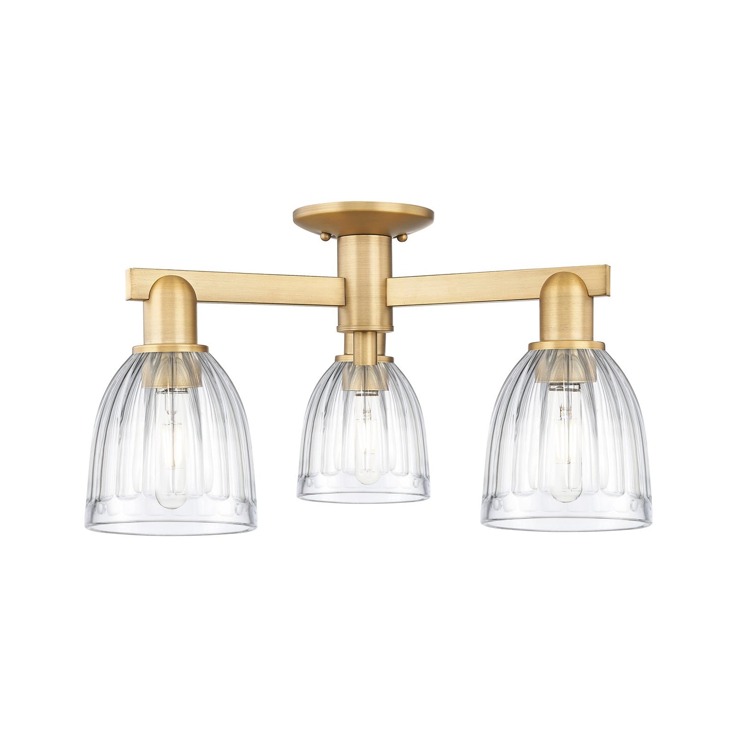 Innovations Brookfield 25in 3-Light Bath Vanity | Industrial Brushed Brass Steel and Clear Ribbed Glass | Bathroom Vanity Light | Model 716-3W-BB-G442