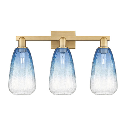 Innovations Brookhaven Almond 25in 3-Light Bath Vanity Light | Industrial Brushed Brass and Sapphire Blue Glass | Bathroom | Model 716-3W-BB-G480-6SB