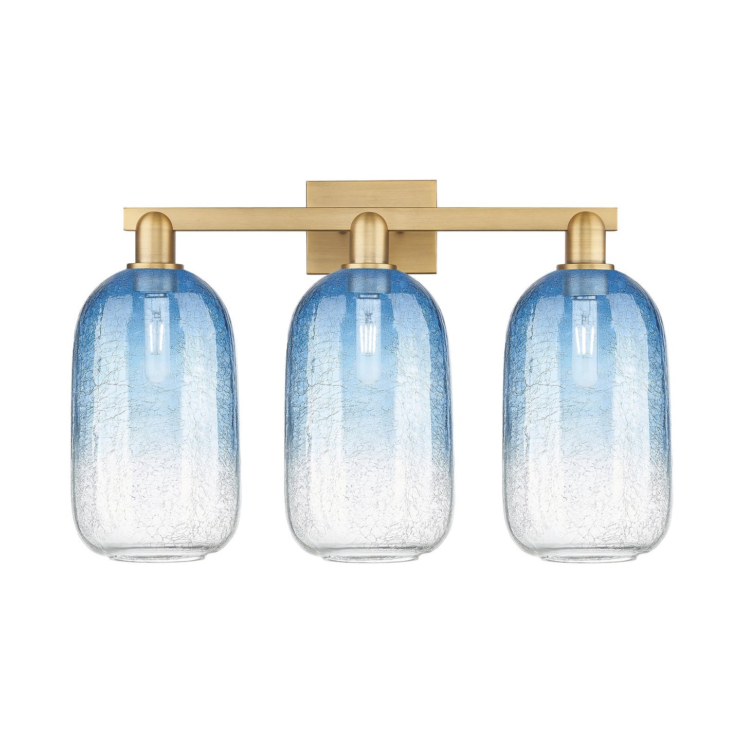 Innovations Brookhaven Cloche 26in 3-Light Bath Vanity | Industrial Brushed Brass and Sapphire Blue Glass | Entryway & Hallway | Model 716-3W-BB-G482-7SB