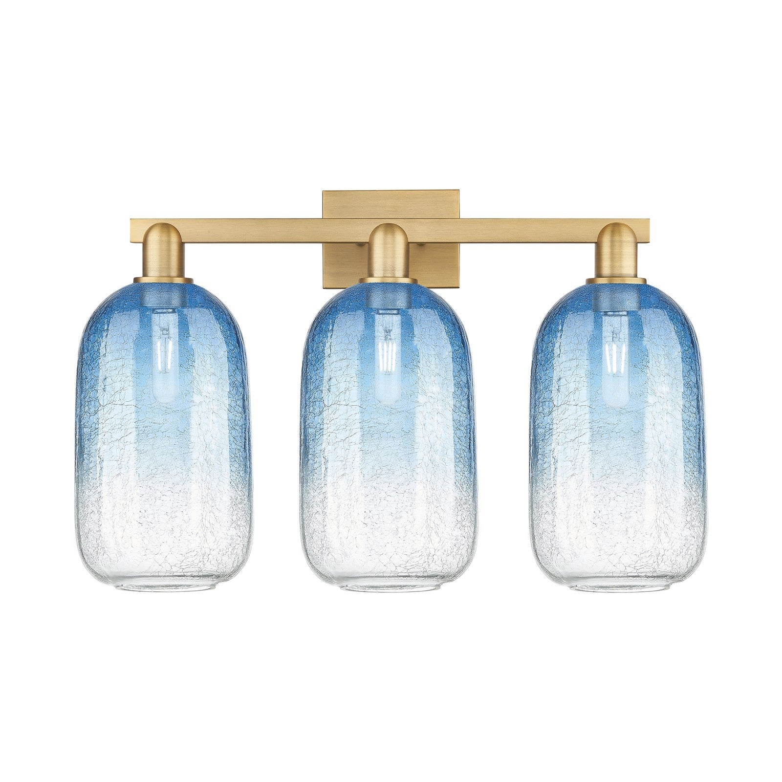 Innovations Brookhaven Cloche 26in 3-Light Bath Vanity | Industrial Brushed Brass and Sapphire Blue Glass | Entryway & Hallway | Model 716-3W-BB-G482-7SB