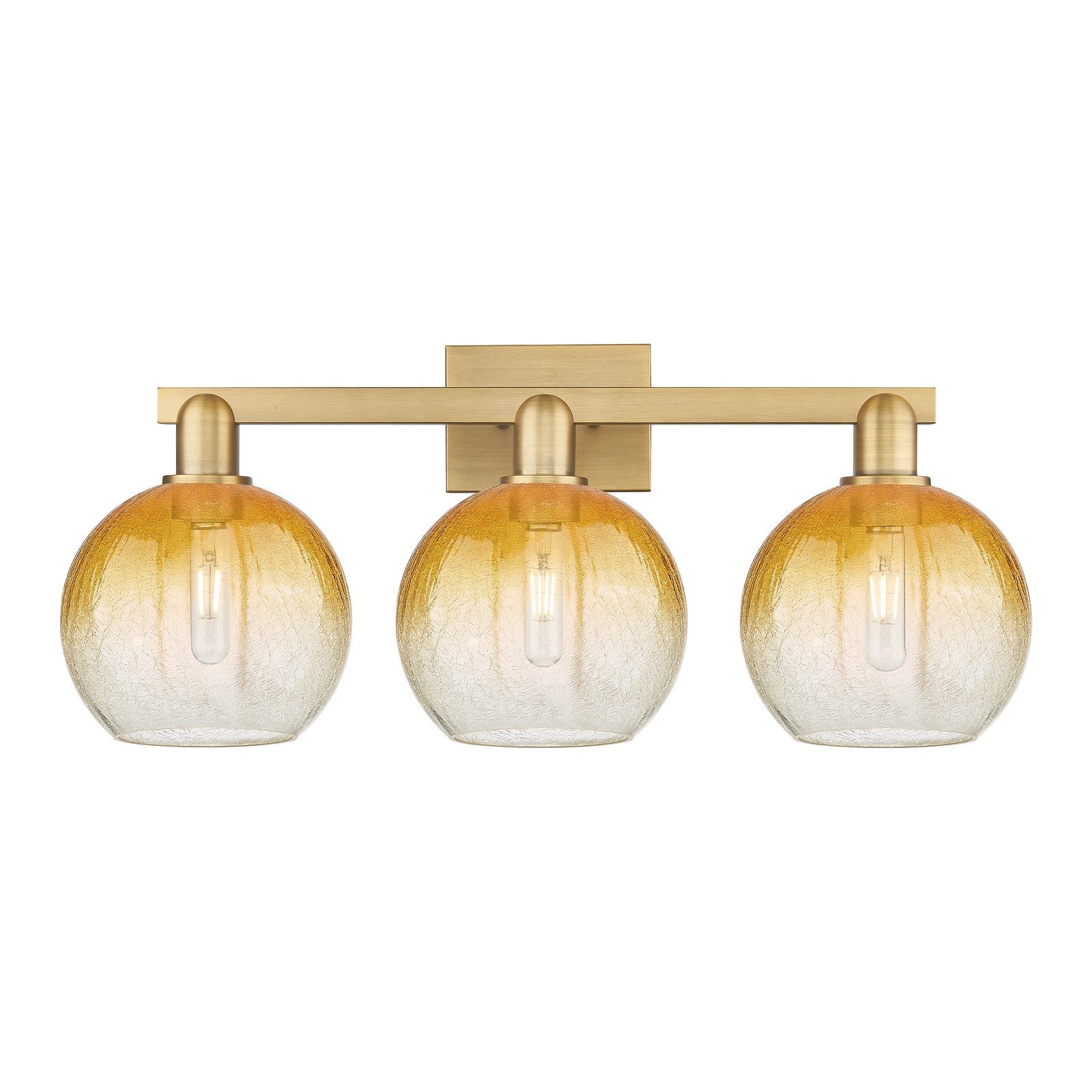 Innovations Brookhaven Globe 27in 3-Light Bath Vanity | Industrial Brushed Brass and Amber Glass | Bathroom Vanity & Powder | Model 716-3W-BB-G483-8AM