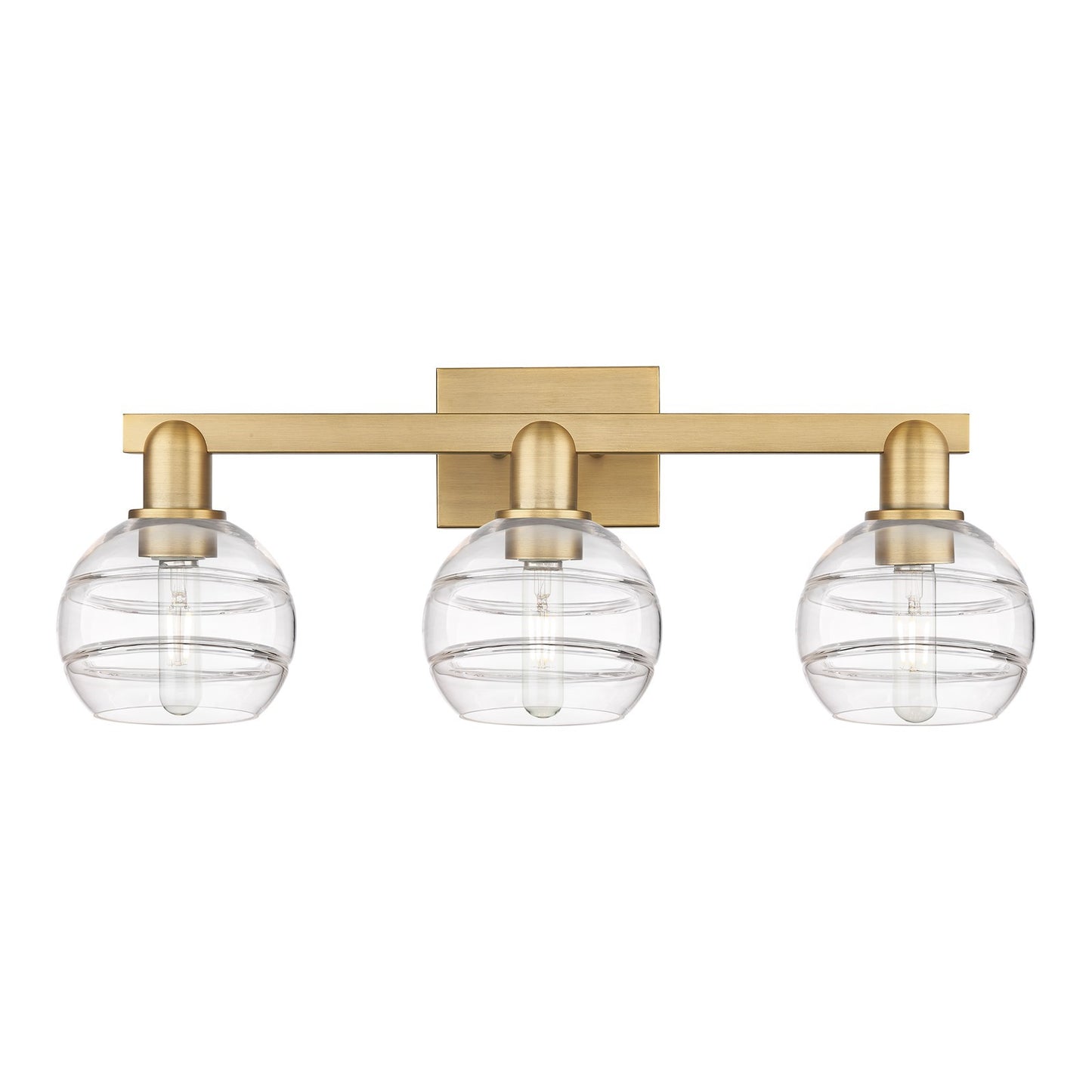 Innovations Rochester 25in 3-Light Bath Vanity Light | Industrial Brushed Brass Steel and Clear Glass | Bathroom & Powder Room | Model 716-3W-BB-G556-6CL