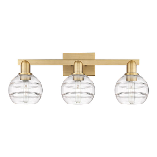 Innovations Rochester 25in 3-Light Bath Vanity Light | Industrial Brushed Brass Steel and Clear Glass | Bathroom & Powder Room | Model 716-3W-BB-G556-6CL