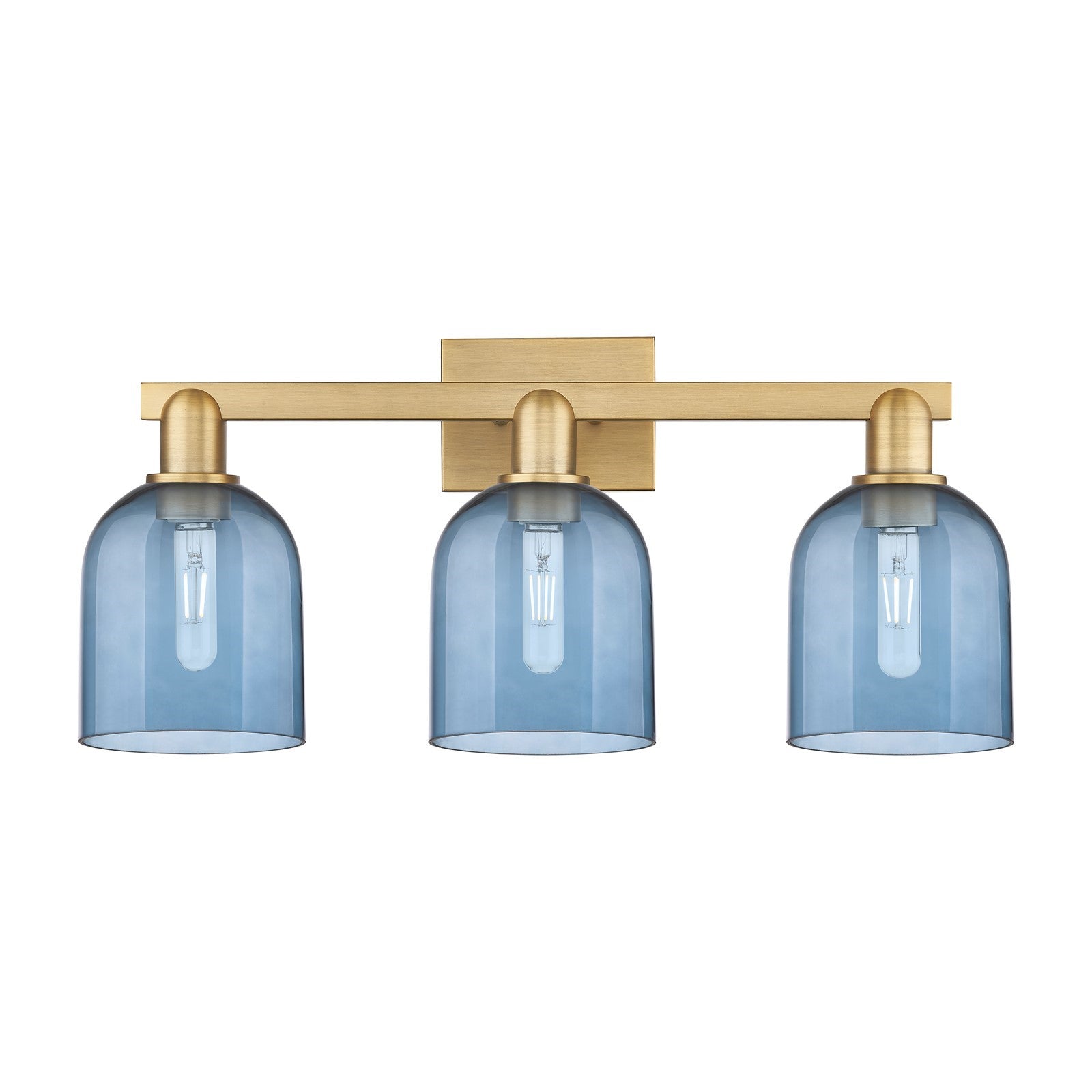 Innovations Bella 25in 3-Light Bath Vanity Light | Industrial Brushed Brass and Blue Glass | Bathroom Vanity | 24.5 x 11.25 x | Model 716-3W-BB-G558-6BL