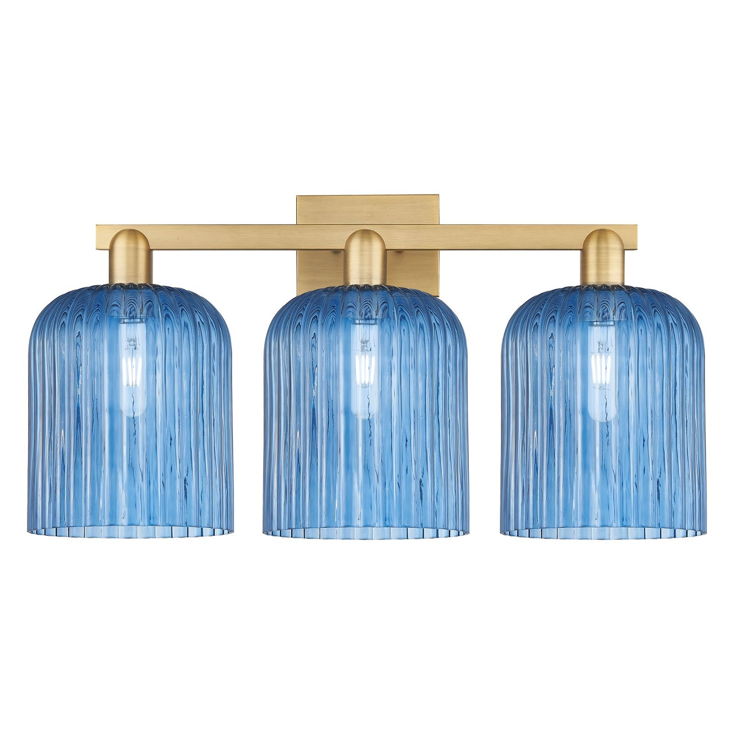 Innovations Bridal Veil 27in 3-Light Bath Vanity | Industrial Brushed Brass and Princess Blue Ribbed Glass | Bathroom Vanity | Model 716-3W-BB-G559-8BL