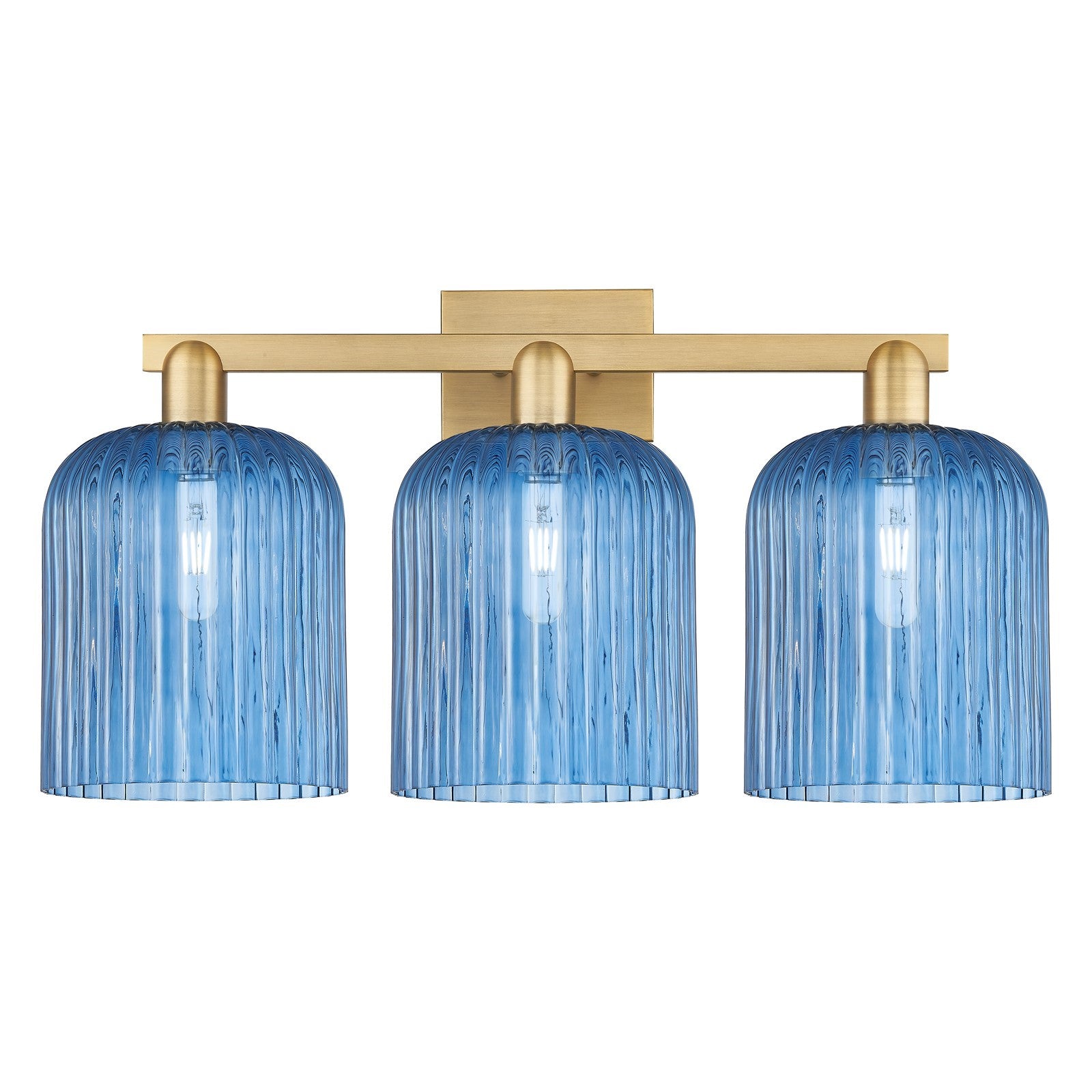 Innovations Bridal Veil 27in 3-Light Bath Vanity | Industrial Brushed Brass and Princess Blue Ribbed Glass | Bathroom Vanity | Model 716-3W-BB-G559-8BL