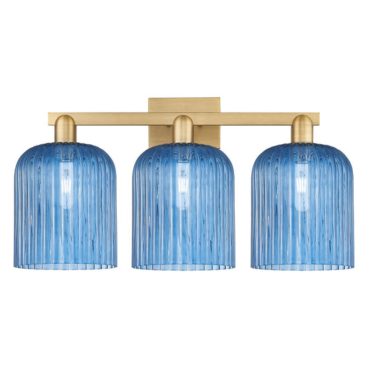 Innovations Bridal Veil 27in 3-Light Bath Vanity | Industrial Brushed Brass and Princess Blue Ribbed Glass | Bathroom Vanity | Model 716-3W-BB-G559-8BL