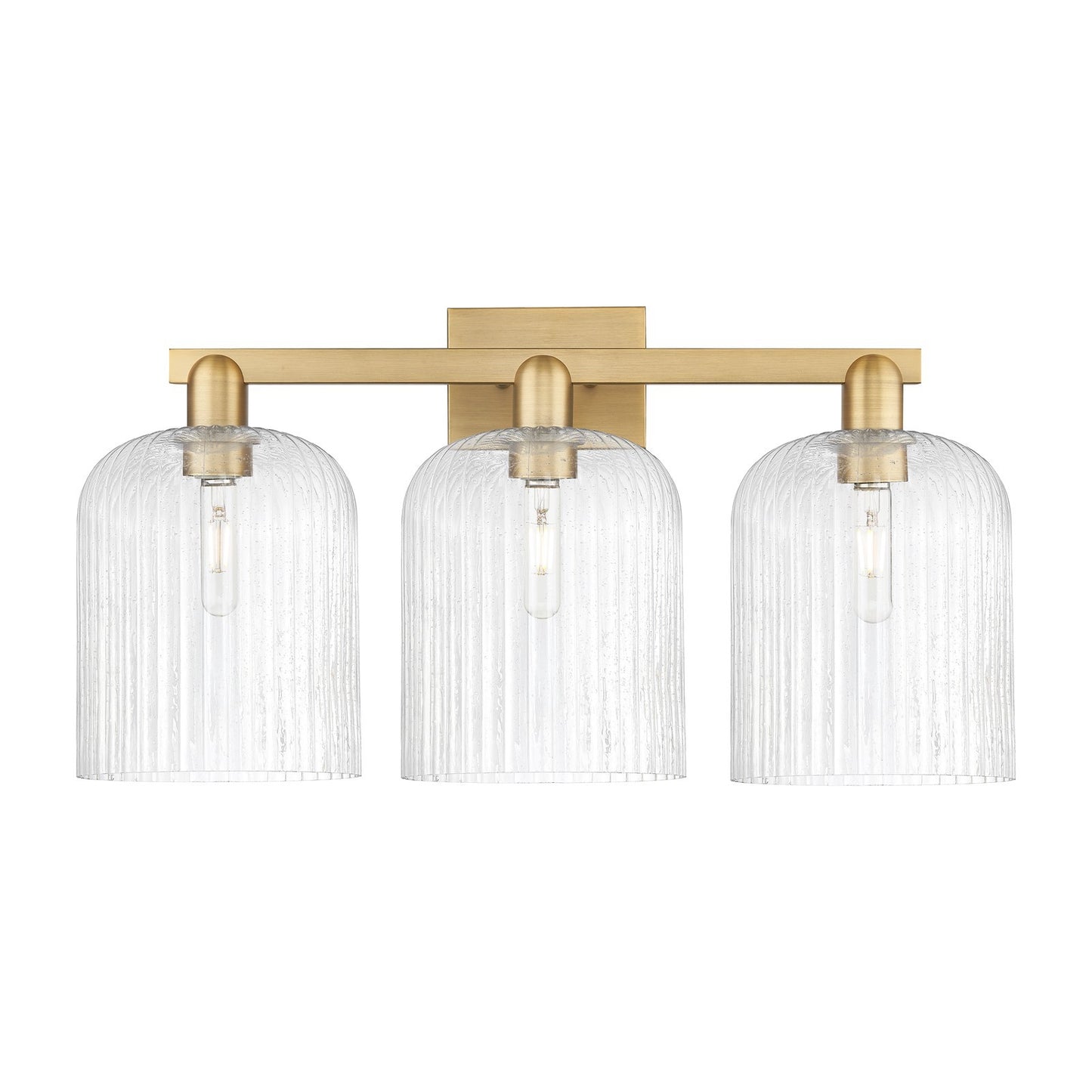 Innovations Bridal Veil 27in 3-Light Bath Vanity | Industrial Brushed Brass and Seedy Ribbed Glass | Bathroom Vanity Light | Model 716-3W-BB-G559-8SDY