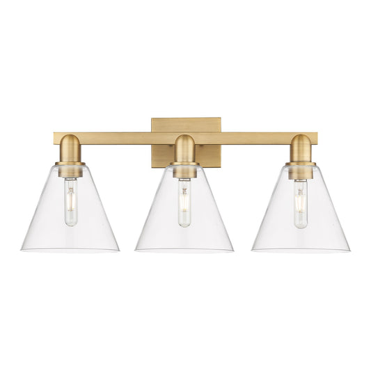 Innovations Berkshire Glass 26in 3-Light Bath Vanity | Industrial Brushed Brass Steel and Clear Glass | Bathroom Vanity Light | Model 716-3W-BB-GBC-82