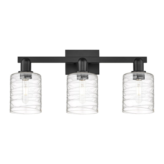Innovations Cobbleskill 24in 3-Light Bath Vanity Light | Industrial Matte Black Steel and Deco Swirl Clear Glass | Bathroom Vanity | Model 716-3W-BK-G1113
