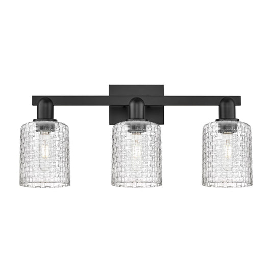 Innovations Cobbleskill 24in 3-Light Bath Vanity Light | Industrial Matte Black Steel and Clear Basket Weave Glass | Bathroom | Model 716-3W-BK-G112C-5CL