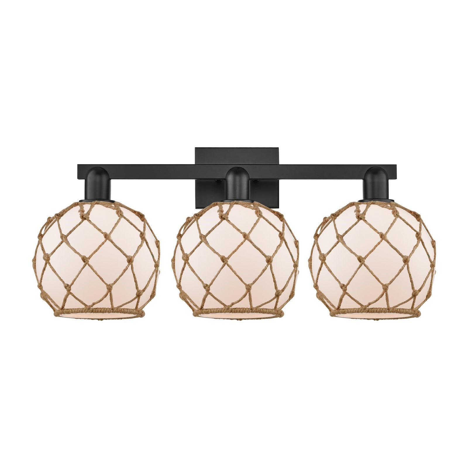 Innovations Farmhouse Rope 27in 3-Light Bath Vanity | Industrial Matte Black Steel and White Frosted Glass with Brown Rope | Model 716-3W-BK-G121-8RB