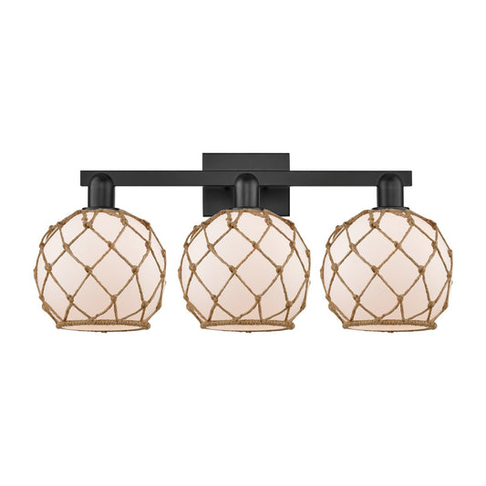 Innovations Farmhouse Rope 27in 3-Light Bath Vanity | Industrial Matte Black Steel and White Frosted Glass with Brown Rope | Model 716-3W-BK-G121-8RB