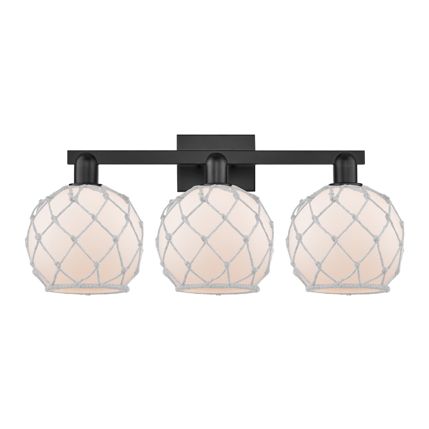 Innovations Farmhouse Rope 27in 3-Light Bath Vanity | Industrial Matte Black Steel and White Frosted Glass with Rope | Bathroom | Model 716-3W-BK-G121-8RW