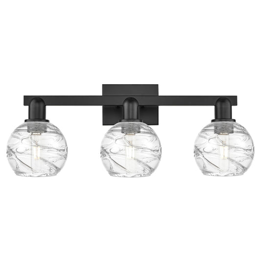 Innovations Athens Deco Swirl 26in 3-Light Bath Vanity | Industrial Matte Black Steel and Clear Deco Swirl Glass | Bathroom | Model 716-3W-BK-G1213-6CL