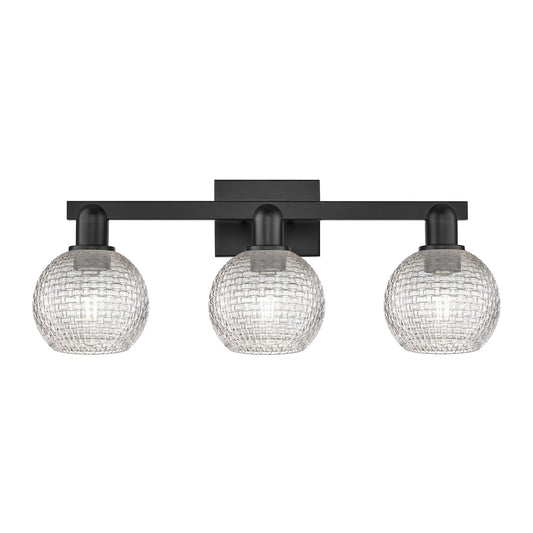 Innovations Athens 25in 3-Light Bath Vanity Light | Industrial Matte Black Steel and Clear Basket Weave Glass | Bathroom | Model 716-3W-BK-G122C-6CL
