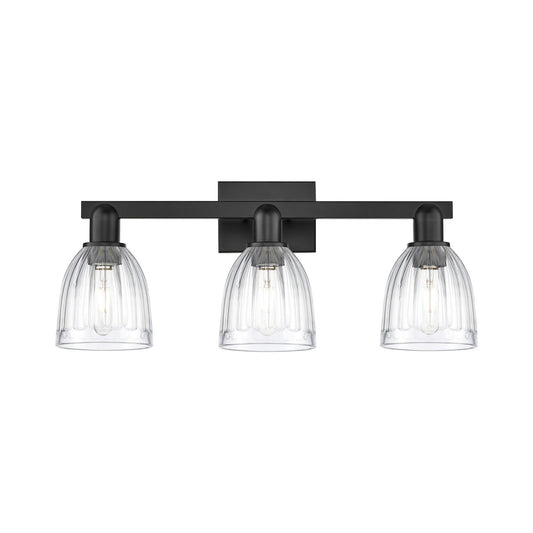 Innovations Brookfield 25in 3-Light Bath Vanity Light | Industrial Matte Black Steel and Clear Ribbed Glass | Bathroom Vanity | Model 716-3W-BK-G442