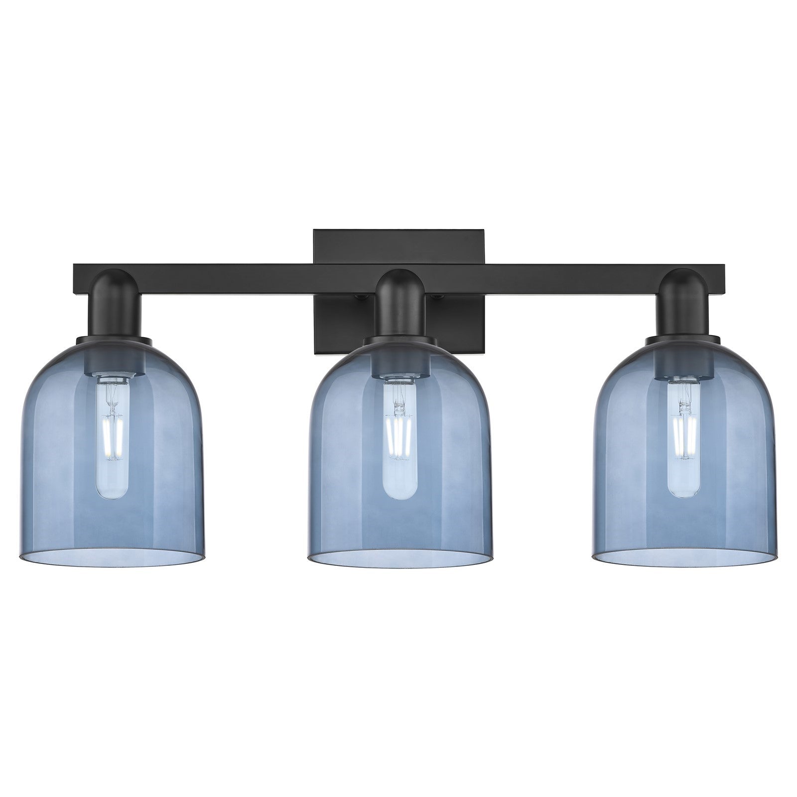 Innovations Bella 25in 3-Light Bath Vanity Light | Industrial Matte Black Steel and Blue Glass | Bathroom Vanity | 24.5 x 11.25 | Model 716-3W-BK-G558-6BL