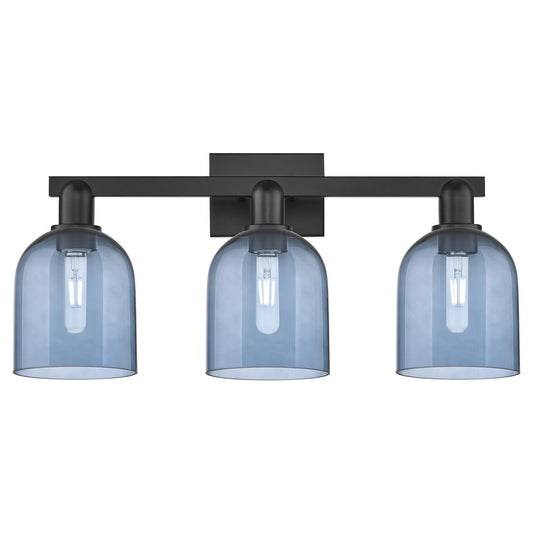 Innovations Bella 25in 3-Light Bath Vanity Light | Industrial Matte Black Steel and Blue Glass | Bathroom Vanity | 24.5 x 11.25 | Model 716-3W-BK-G558-6BL