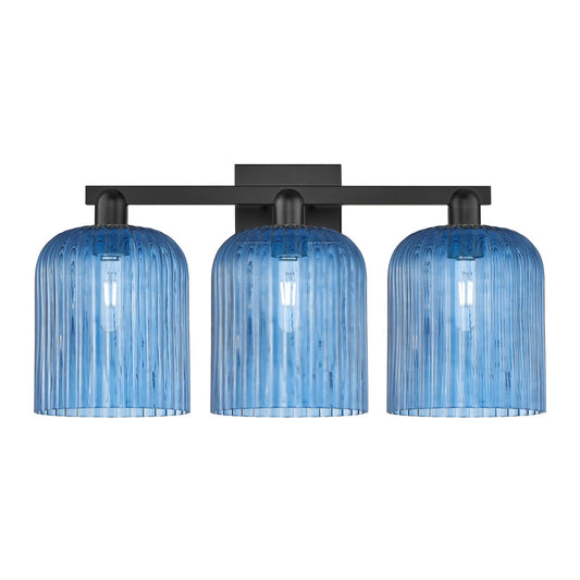 Innovations Bridal Veil 27in 3-Light Bath Vanity Light | Industrial Matte Black Steel and Princess Blue Ribbed Glass | Bathroom | Model 716-3W-BK-G559-8BL