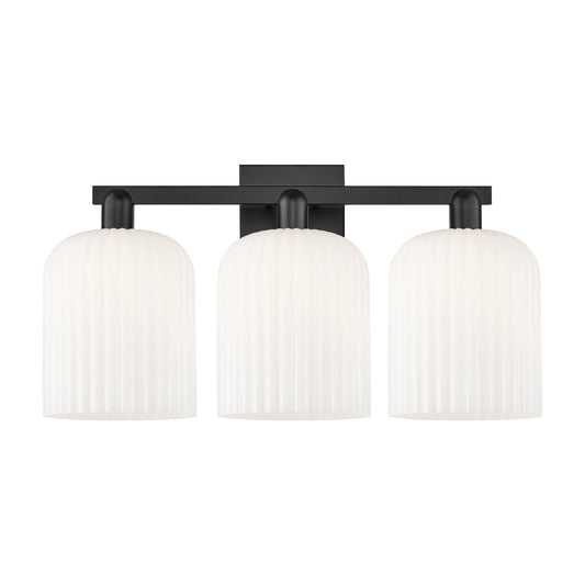 Innovations Bridal Veil 27in 3-Light Bath Vanity Light | Industrial Matte Black Steel and Gloss White Ribbed Glass | Bathroom | Model 716-3W-BK-G559-8GWH