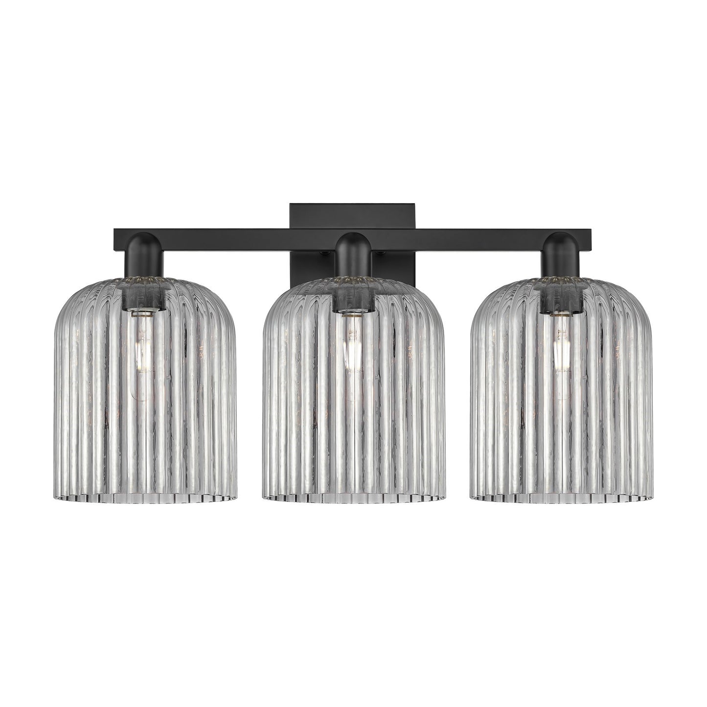 Innovations Bridal Veil 27in 3-Light Bath Vanity Light | Industrial Matte Black Steel and Light Smoke Ribbed Glass | Bathroom | Model 716-3W-BK-G559-8SM