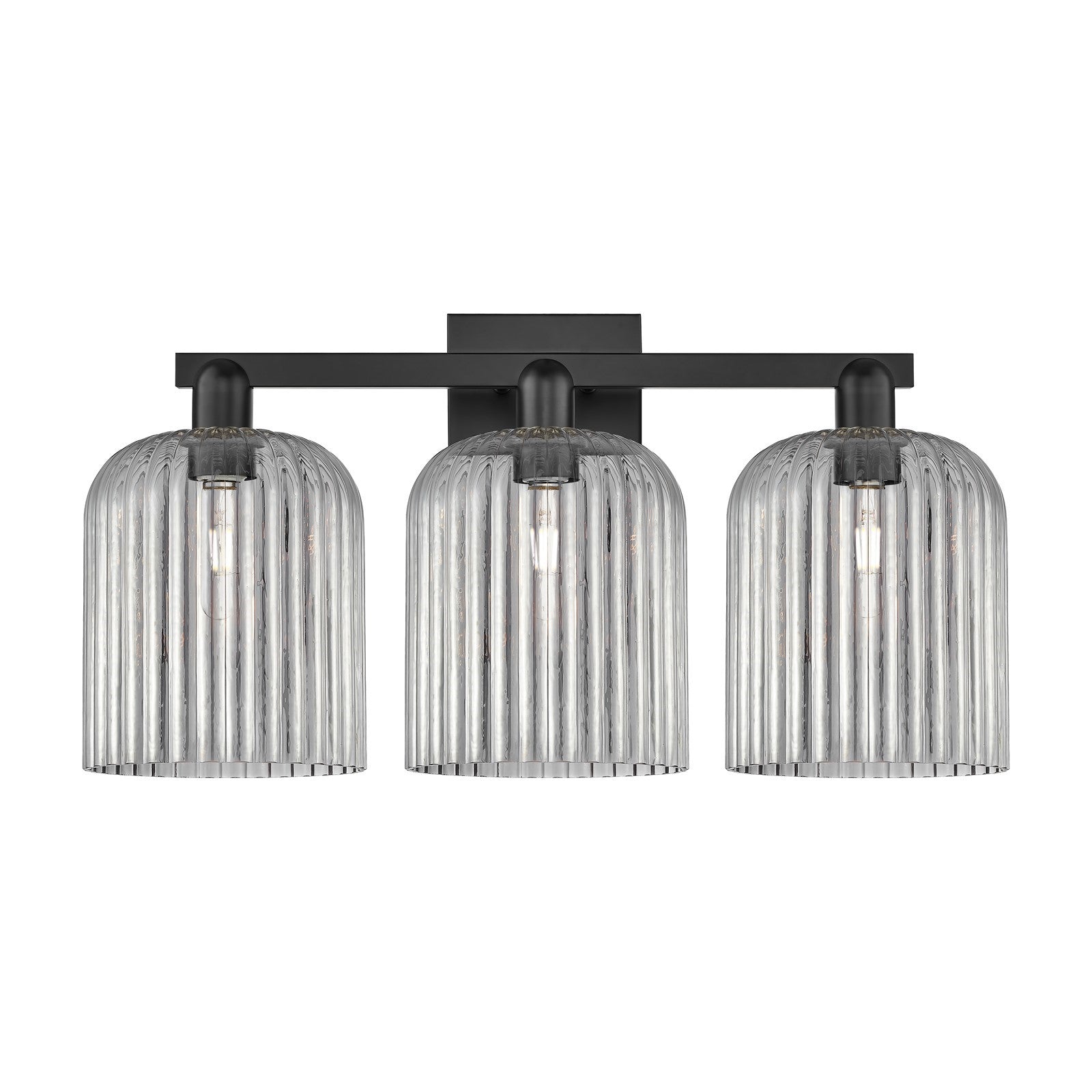 Innovations Bridal Veil 27in 3-Light Bath Vanity Light | Industrial Matte Black Steel and Light Smoke Ribbed Glass | Bathroom | Model 716-3W-BK-G559-8SM