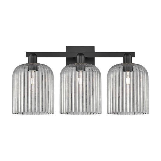 Innovations Bridal Veil 27in 3-Light Bath Vanity Light | Industrial Matte Black Steel and Light Smoke Ribbed Glass | Bathroom | Model 716-3W-BK-G559-8SM
