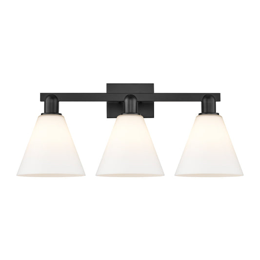 Innovations Berkshire 26in 3-Light Bath Vanity | Industrial Matte Black Steel and Matte White Glass | Bathroom Vanity Light | 26 | Model 716-3W-BK-GBC-81