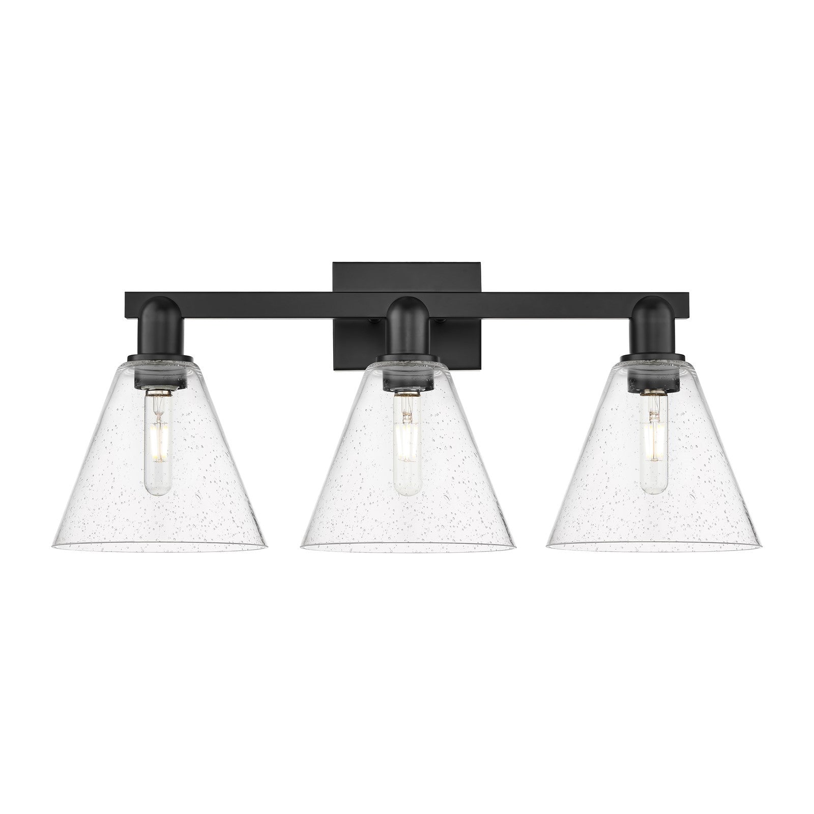 Innovations Berkshire 26in 3-Light Bath Vanity | Industrial Matte Black Steel and Seedy Glass | Bathroom Vanity Light | 26 x | Model 716-3W-BK-GBC-84