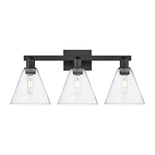 Innovations Berkshire 26in 3-Light Bath Vanity | Industrial Matte Black Steel and Seedy Glass | Bathroom Vanity Light | 26 x | Model 716-3W-BK-GBC-84