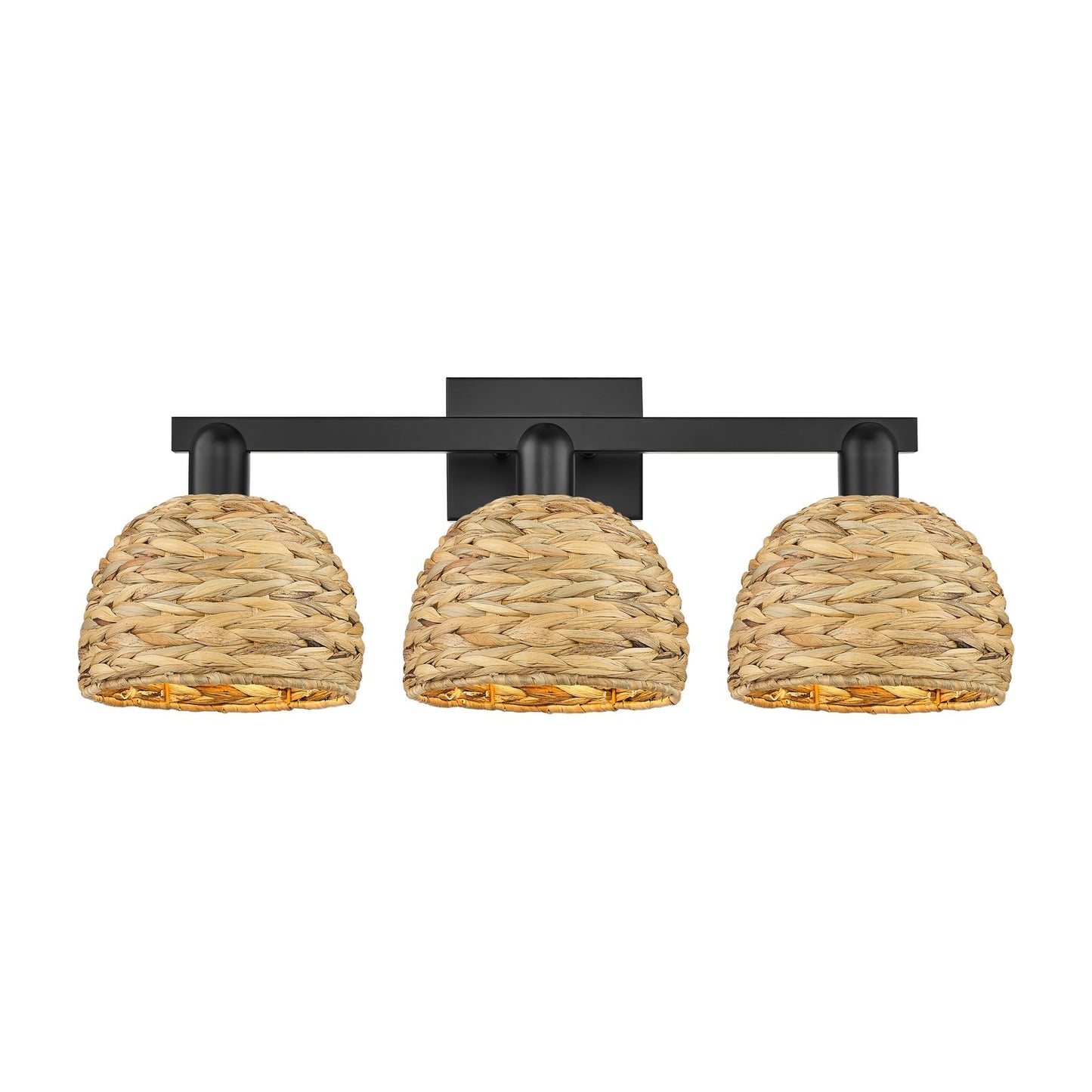 Innovations Woven Rattan 27in 3-Light Bath Vanity | Industrial Matte Black Steel and Natural Fiber Shade | Bathroom Vanity | Model 716-3W-BK-RBD-8-NAT