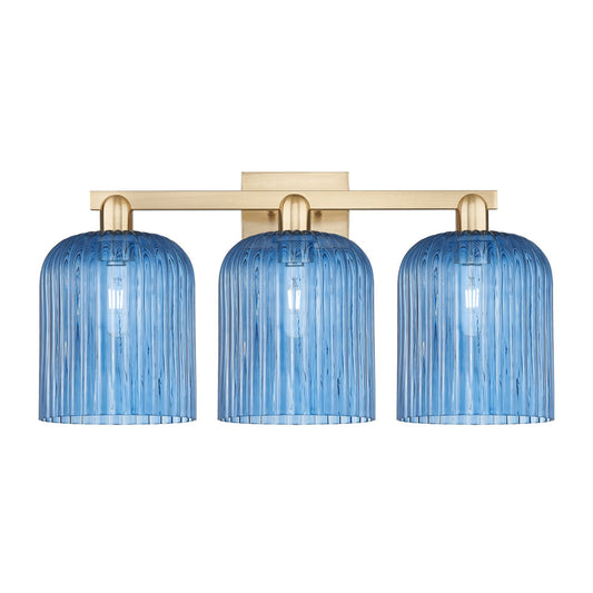 Innovations Bridal Veil 27in 3-Light Bath Vanity Light | Industrial Champagne Bronze Steel and Princess Blue Ribbed Glass | Model 716-3W-CB-G559-8BL