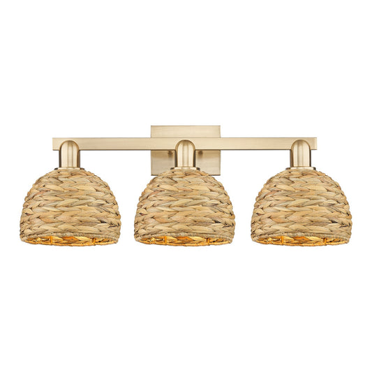 Innovations Woven Rattan 27in 3-Light Bath Vanity Light | Industrial Champagne Bronze Steel and Natural Rattan Dome Shade | Model 716-3W-CB-RBD-8-NAT