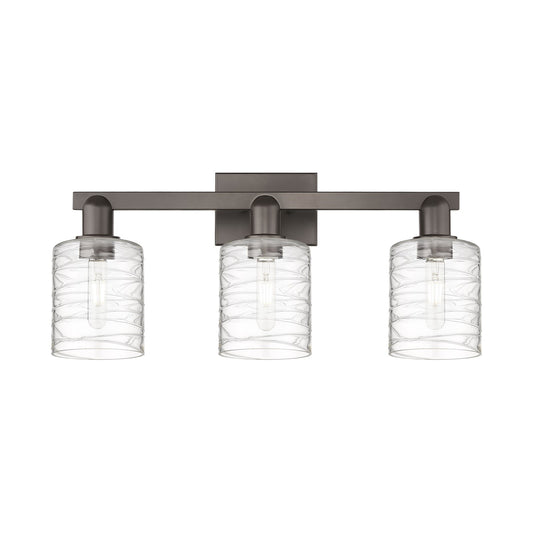 Innovations Cobbleskill 24in 3-Light Bath Vanity | Industrial Oil Rubbed Bronze Steel and Deco Swirl Glass | Bathroom Vanity Light | Model 716-3W-OB-G1113