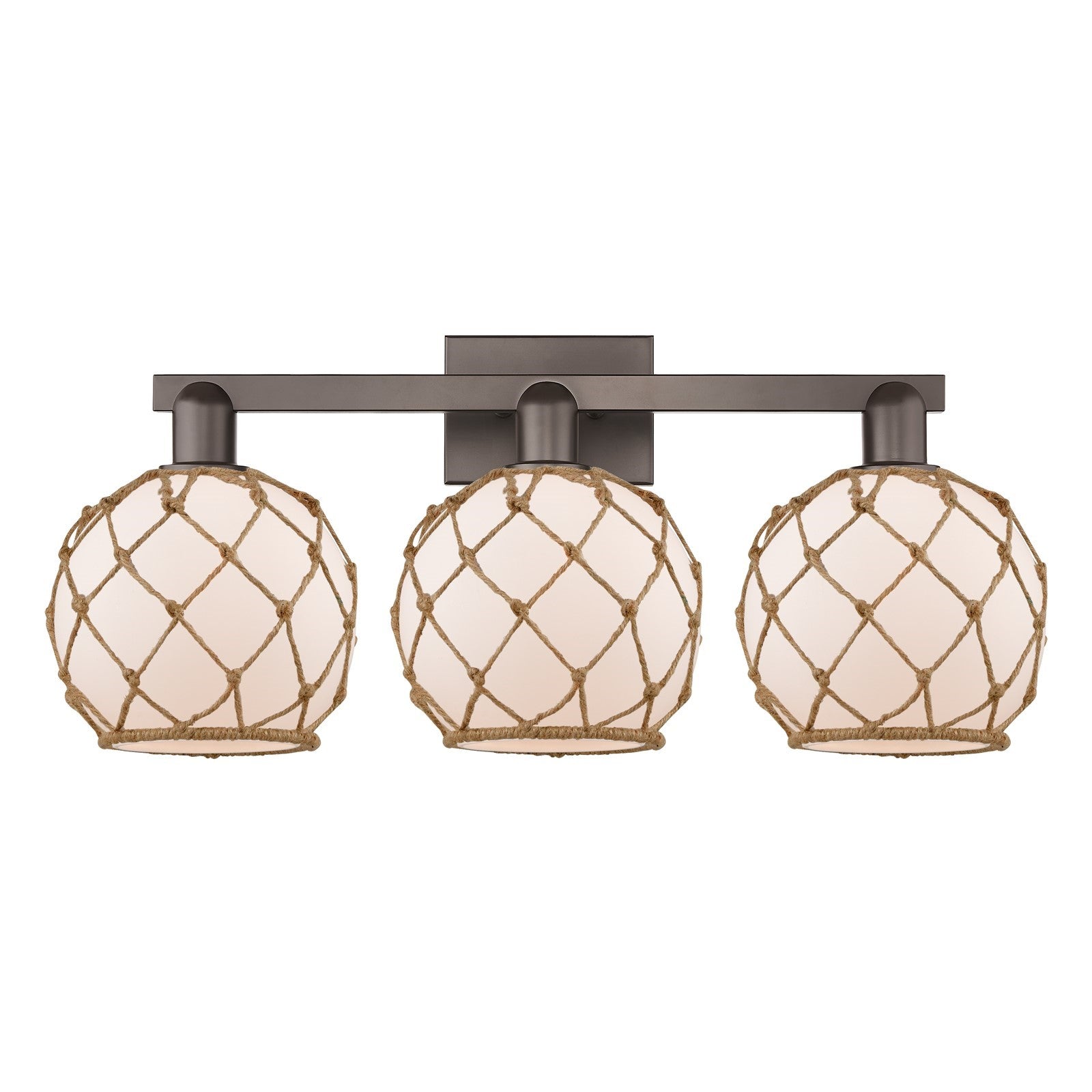 Innovations Farmhouse Rope 27in 3-Light Bath Vanity | Industrial Oil Rubbed Bronze Steel and White Glass with Brown Rope | Model 716-3W-OB-G121-8RB
