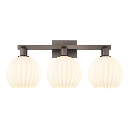 Innovations Lighting Arcadia 27in 3-Light Bath Vanity Light | Industrial Oil Rubbed Bronze and White Venetian Glass | Bathroom | Model 716-3W-OB-G1217-8WV