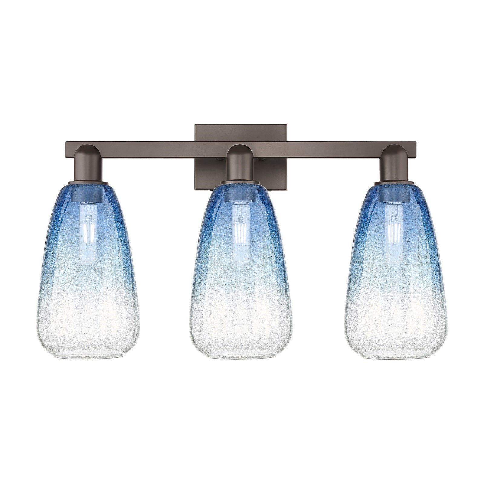 Innovations Brookhaven Almond 26in 3-Light Bath Vanity Light | Industrial Oil Rubbed Bronze and Sapphire Blue Glass | Bathroom | Model 716-3W-OB-G480-6SB