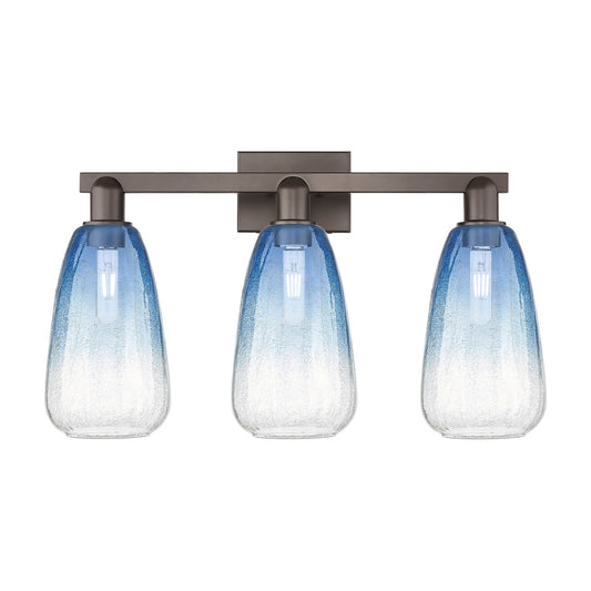 Innovations Brookhaven Almond 26in 3-Light Bath Vanity Light | Industrial Oil Rubbed Bronze and Sapphire Blue Glass | Bathroom | Model 716-3W-OB-G480-6SB