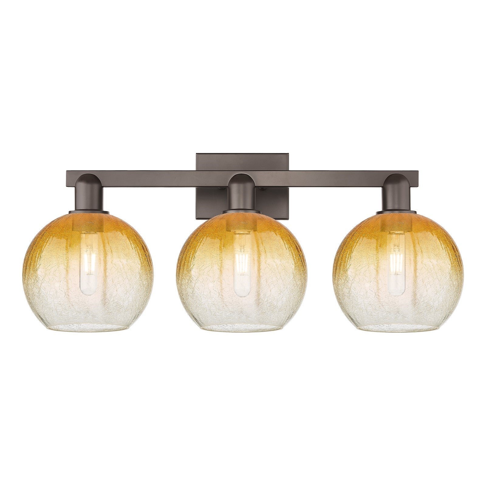 Innovations Brookhaven Globe 27in 3-Light Bath Vanity | Industrial Oil Rubbed Bronze Steel and Amber Glass | Bathroom Vanity | Model 716-3W-OB-G483-8AM