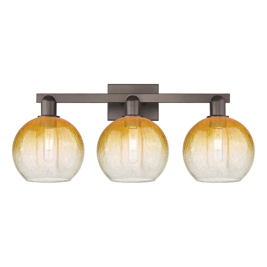 Innovations Brookhaven Globe 27in 3-Light Bath Vanity | Industrial Oil Rubbed Bronze Steel and Amber Glass | Bathroom Vanity | Model 716-3W-OB-G483-8AM